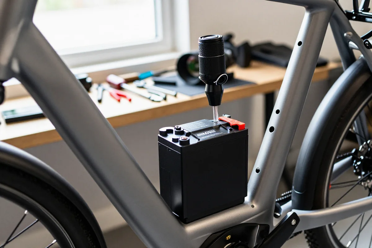 Wymiana akumulatora w rowerze elektrycznym w warsztacie rowerowym.