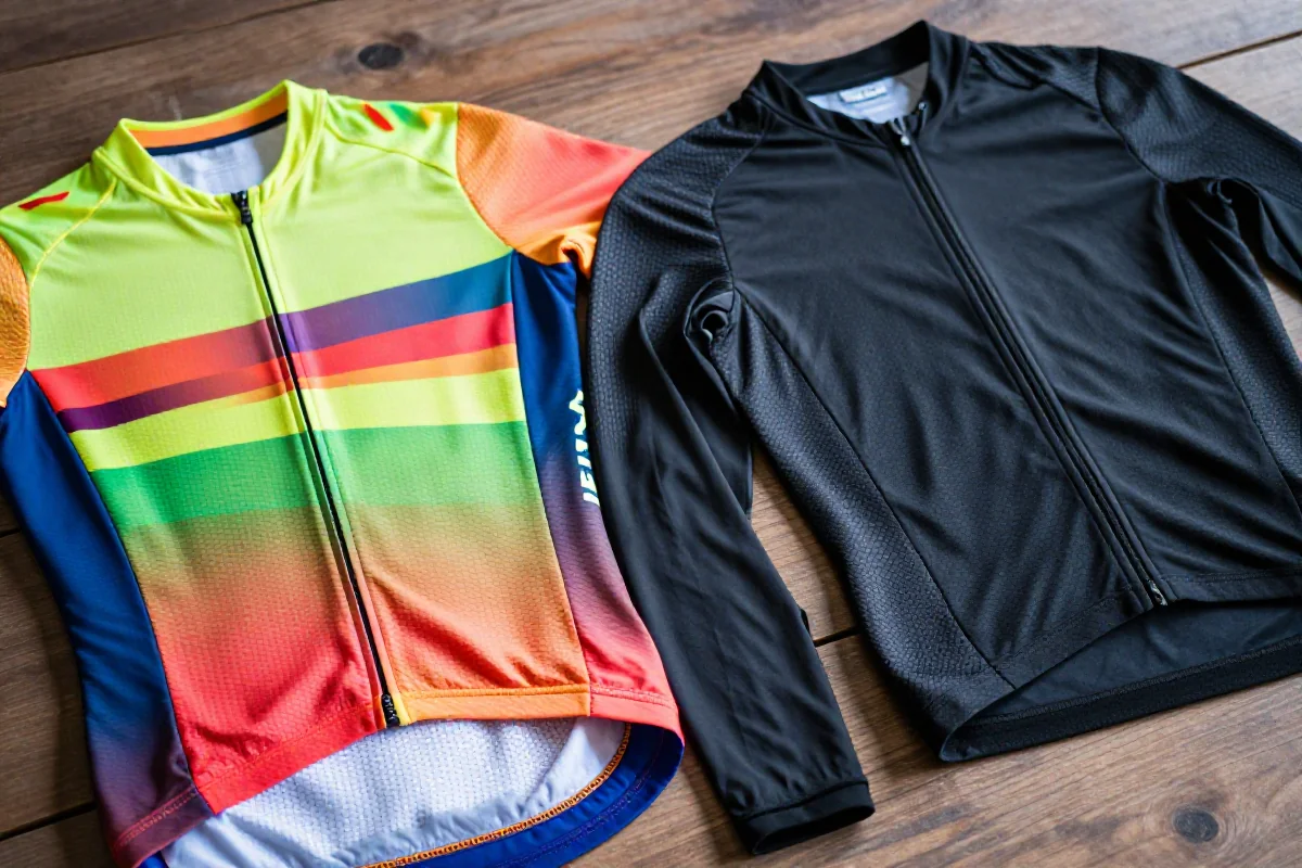 Koszulki rowerowe MTB z krótkim i długim rękawem na drewnianej powierzchni.