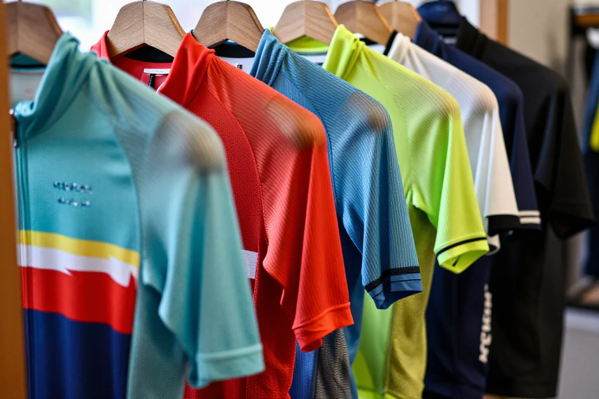 Różne koszulki kolarskie na wieszaku, ukazujące kolory i materiały.