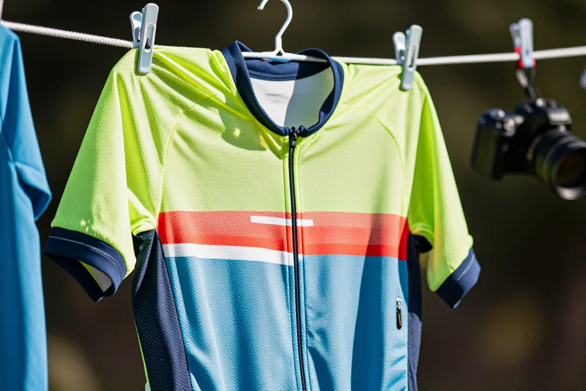 Letnia koszulka kolarska na wieszaku, pokazująca materiały i wentylację.