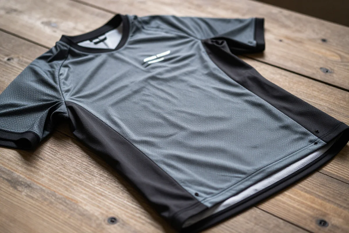 Koszulka MTB z materiału technicznego na drewnianej powierzchni