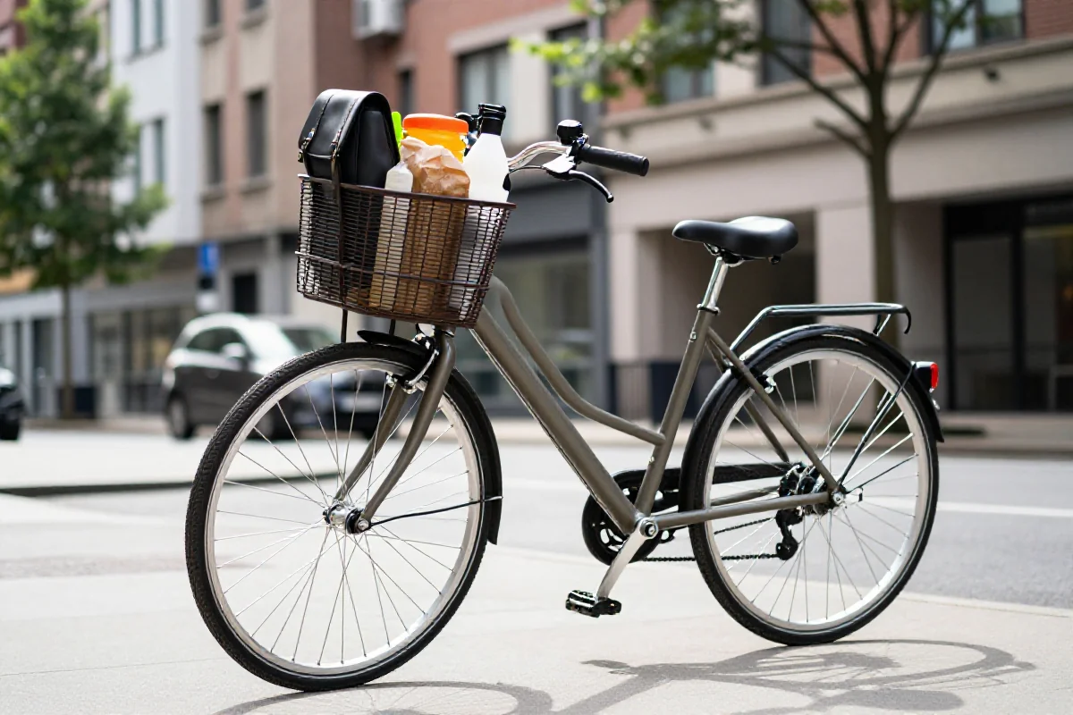 Rower miejski z koszykiem przednim i plecakiem na ulicy