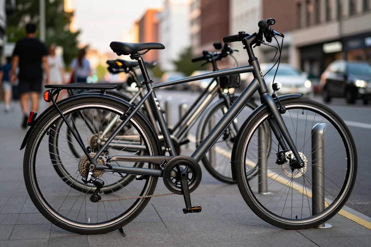 Rower miejski przypięty do stojaka w miejskiej scenerii