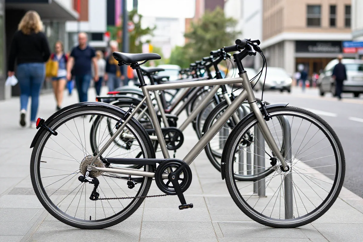 Nowoczesny rower miejski przypięty do stojaka w Warszawie