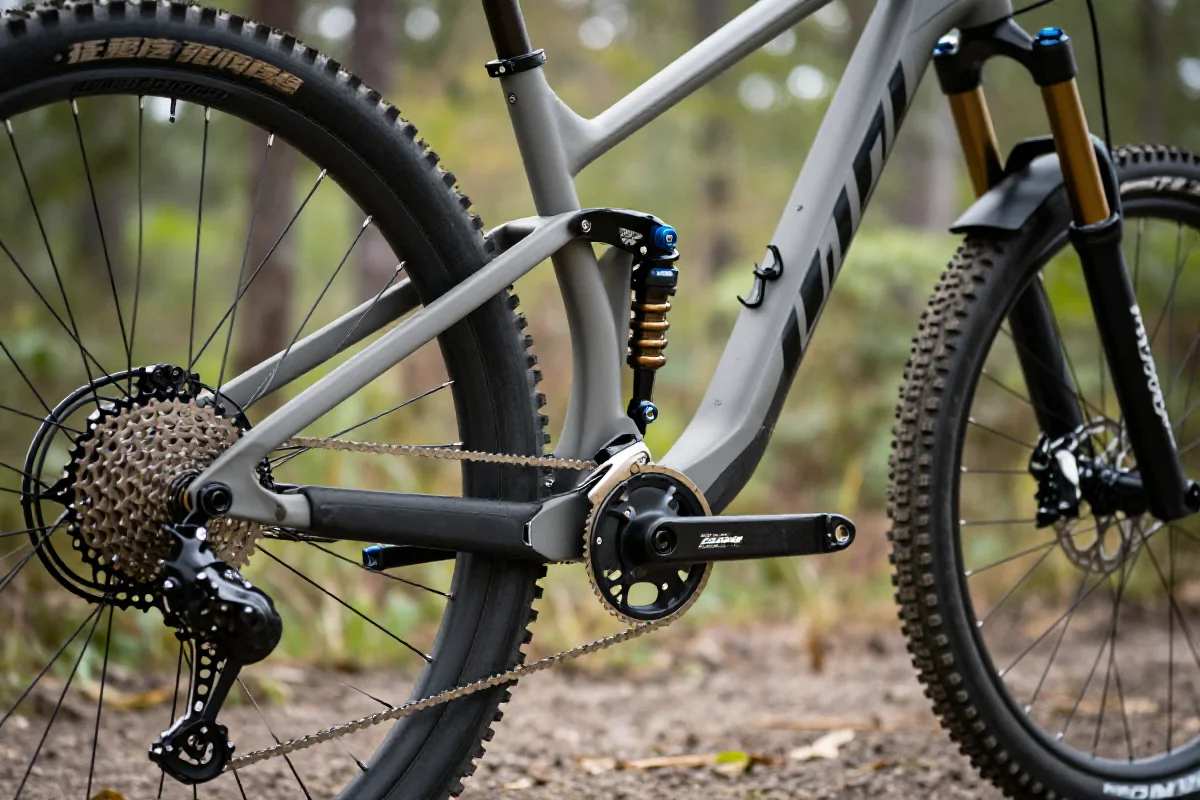 Szczegółowe zdjęcie roweru górskiego MTB w otoczeniu przyrody.