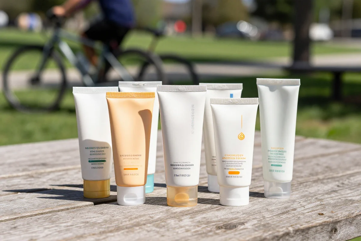 Różne tubki sportowych kremów przeciwsłonecznych na stole w parku.