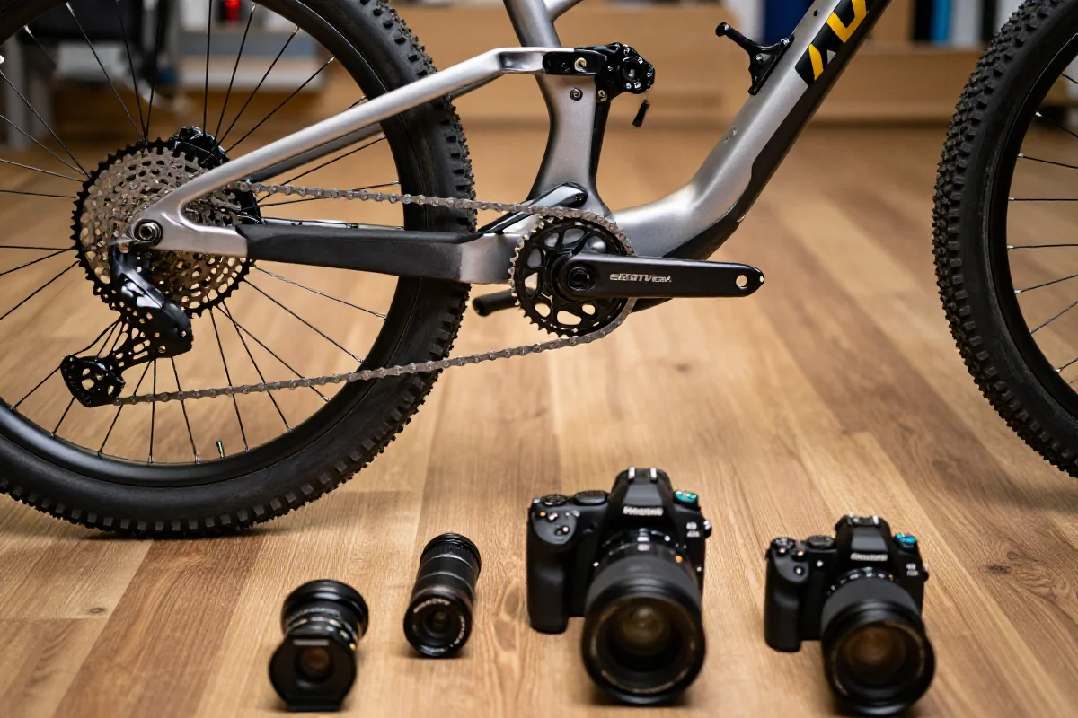 Szczegóły komponentów roweru górskiego, w tym ramy i kół, na drewnianej powierzchni.