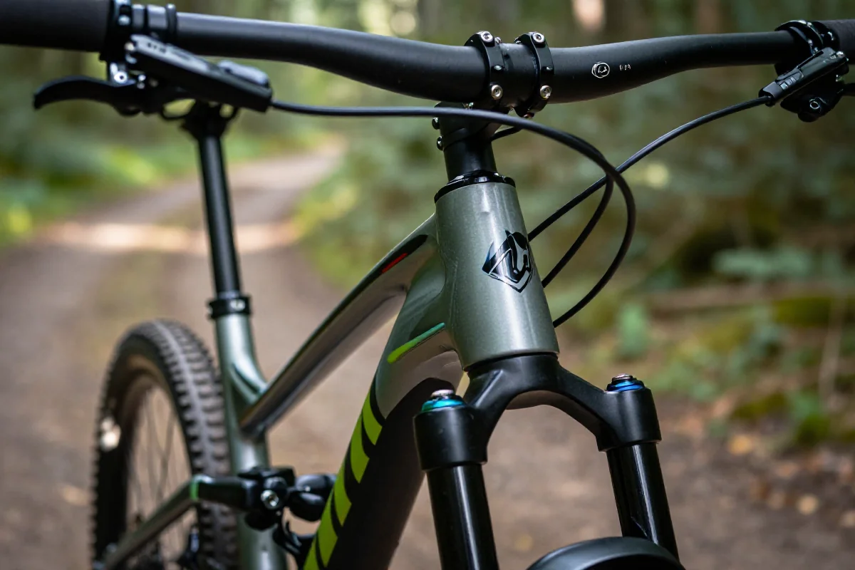 Zbliżenie na mostek kierownicy roweru górskiego z krótkim wynosem.