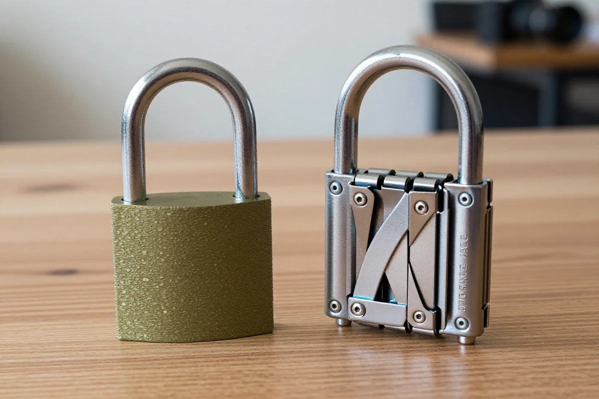Porównanie zamków rowerowych: U-lock i składany zamek na stole.