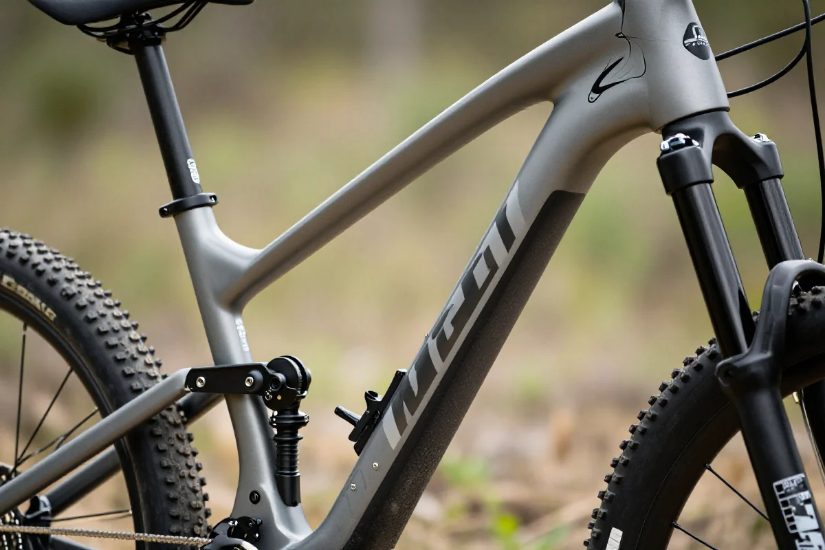 Szczegóły geometrii roweru górskiego MTB w naturalnym otoczeniu.