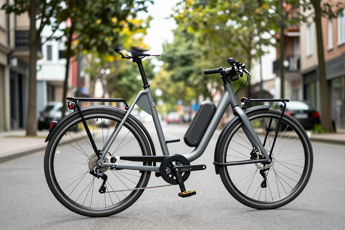 Elektryczny rower miejski na tle miejskiego krajobrazu.