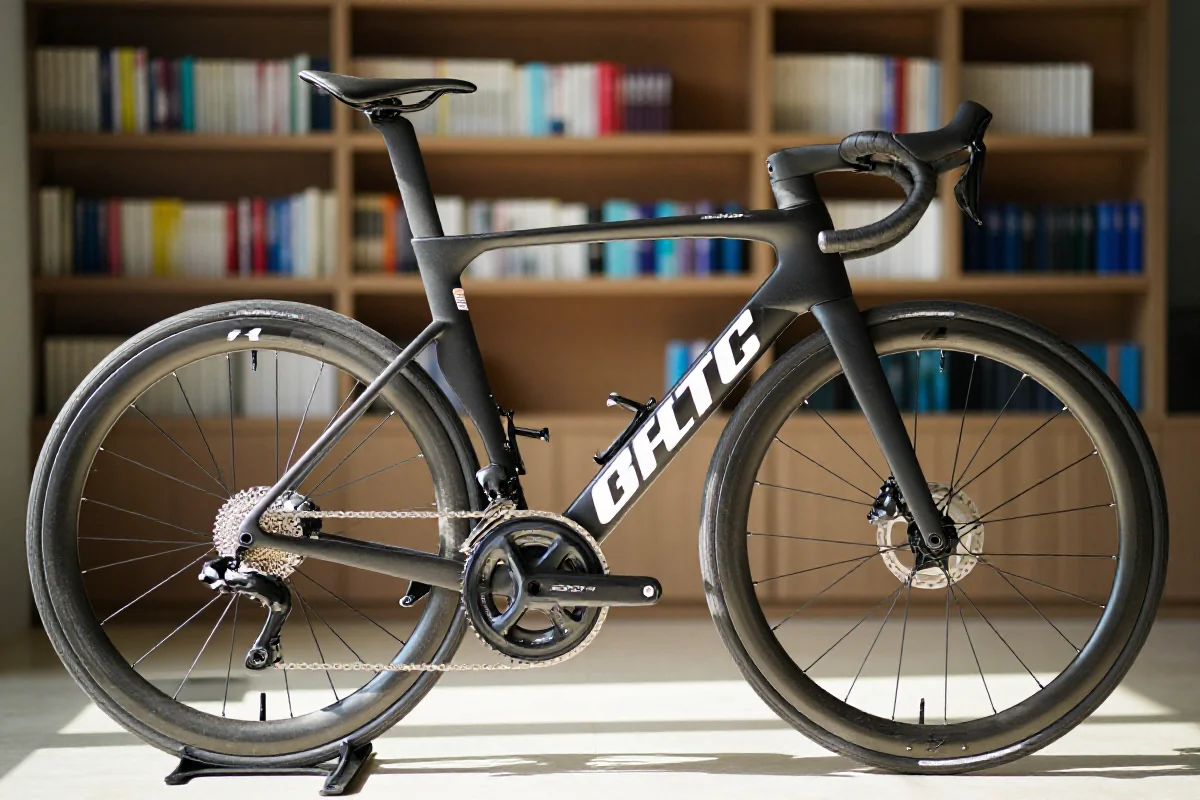 Szczegółowy widok nowoczesnego roweru szosowego w przyjemnym otoczeniu książek.