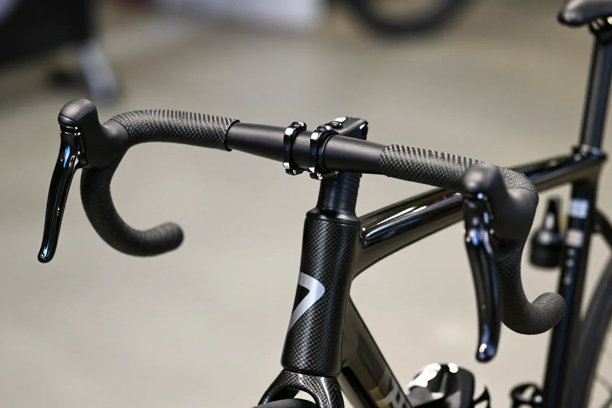 Zbliżenie na klasyczną kierownicę szosową, ukazującą jej kształt i detale.