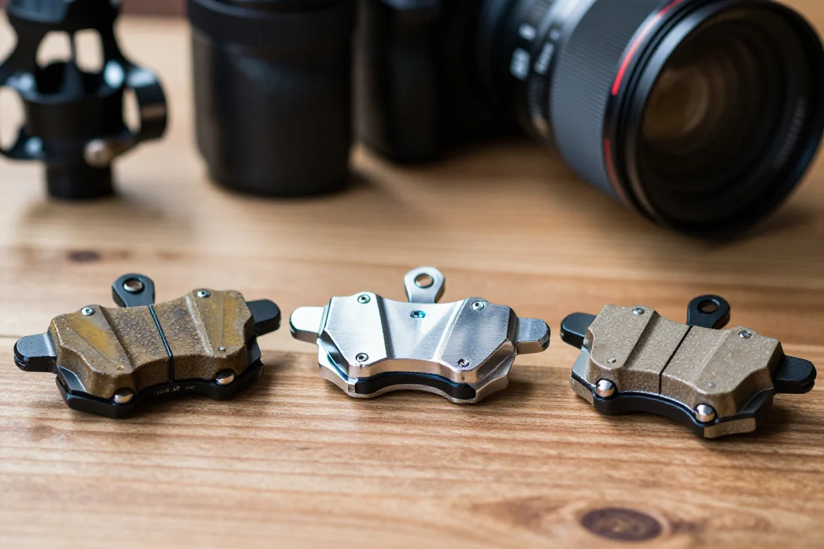 Trzy rodzaje klocków hamulcowych do rowerów MTB na drewnianej powierzchni.