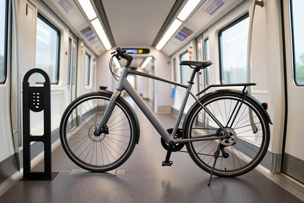 Nowoczesny rower elektryczny w wagonie pociągu, idealny dla rowerzystów.