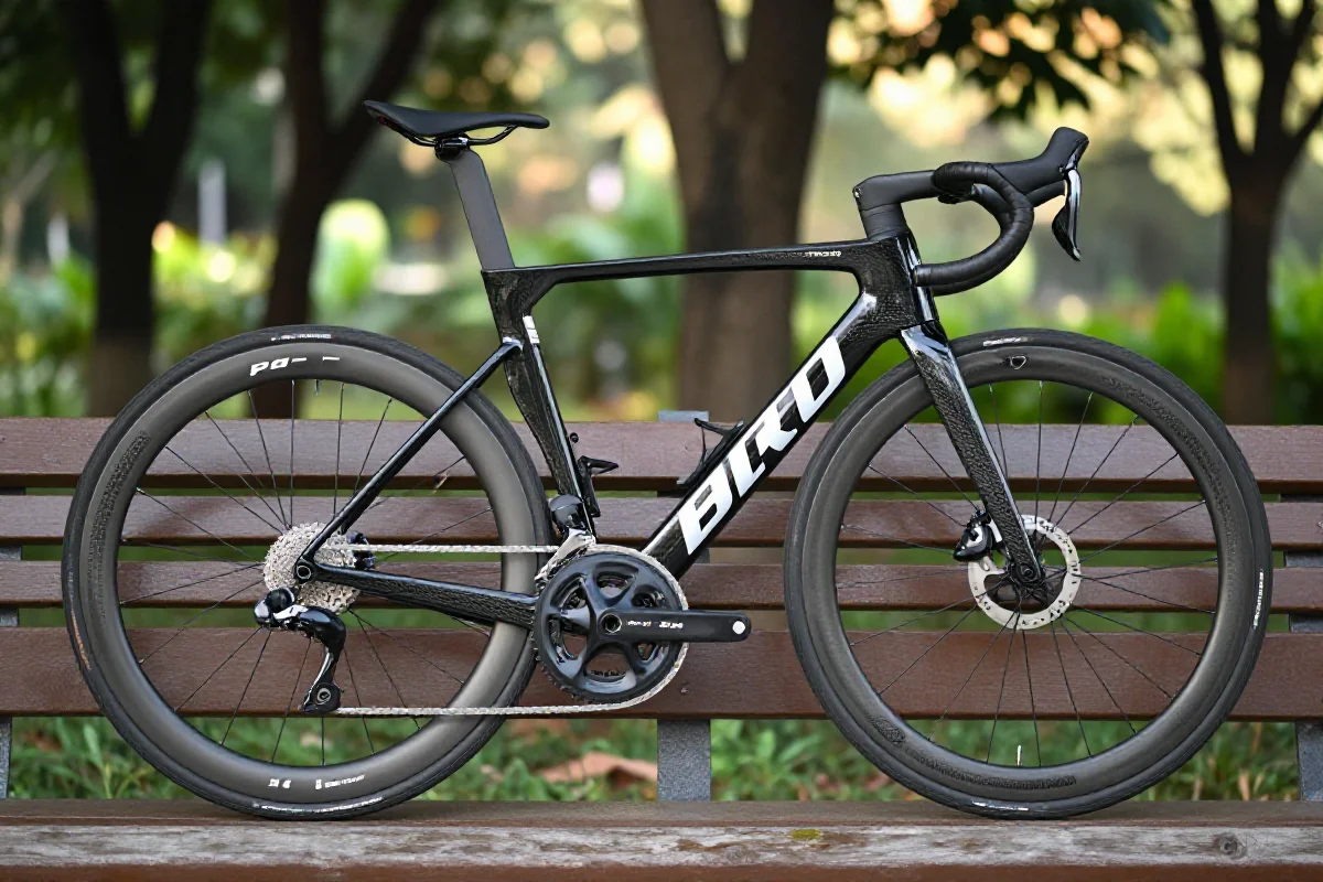 Szczegóły nowoczesnego roweru szosowego w parku, symbolizujące kulturę kolarską.