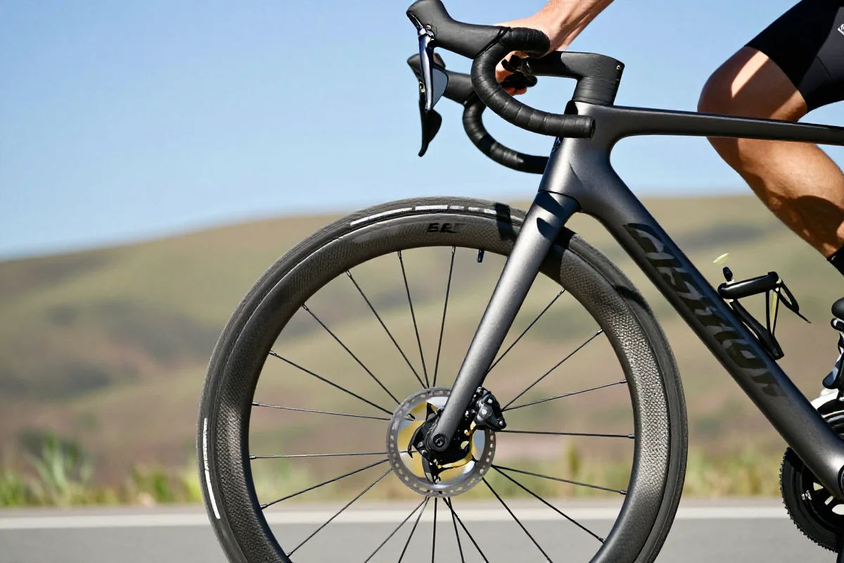 Szczegółowy widok na rower szosowy w malowniczym otoczeniu.