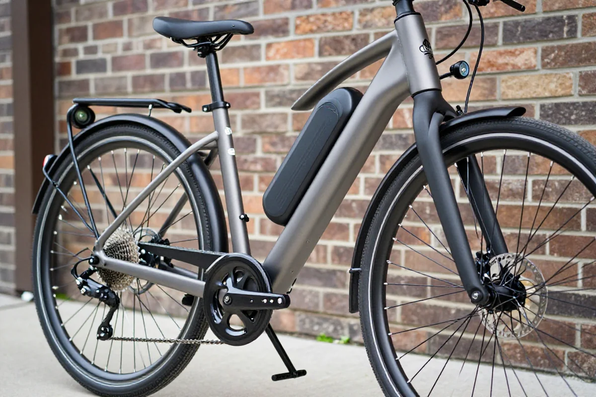 Używany rower elektryczny w miejskim otoczeniu, z widocznymi detalami technicznymi.