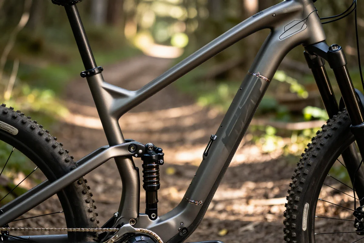 Szczegóły ramy roweru górskiego w lesie, idealny wybór na MTB.