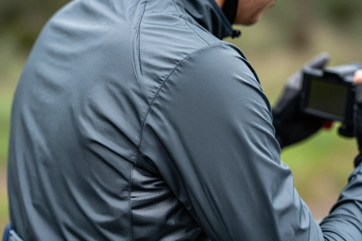 Kurtka rowerowa z membraną i powłoką DWR, wodoodporny materiał z kroplami wody.