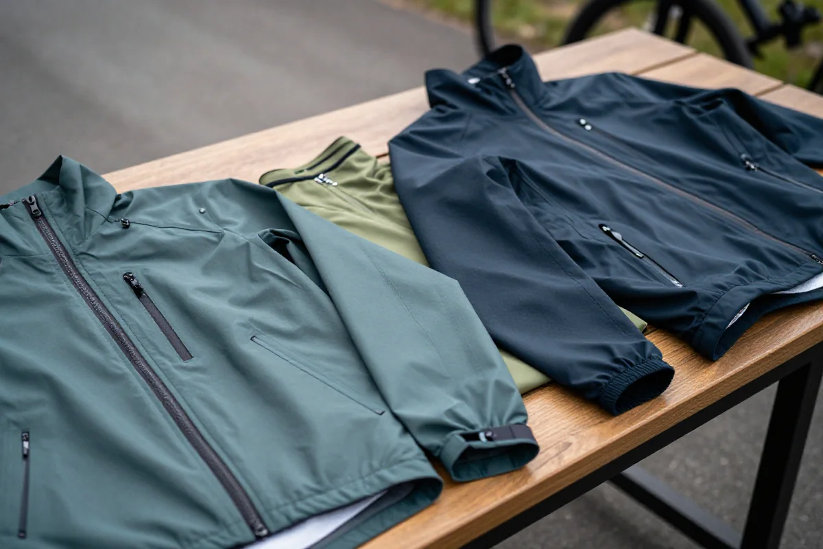 Wysokiej jakości kurtki i koszulki rowerowe na drewnianym stole