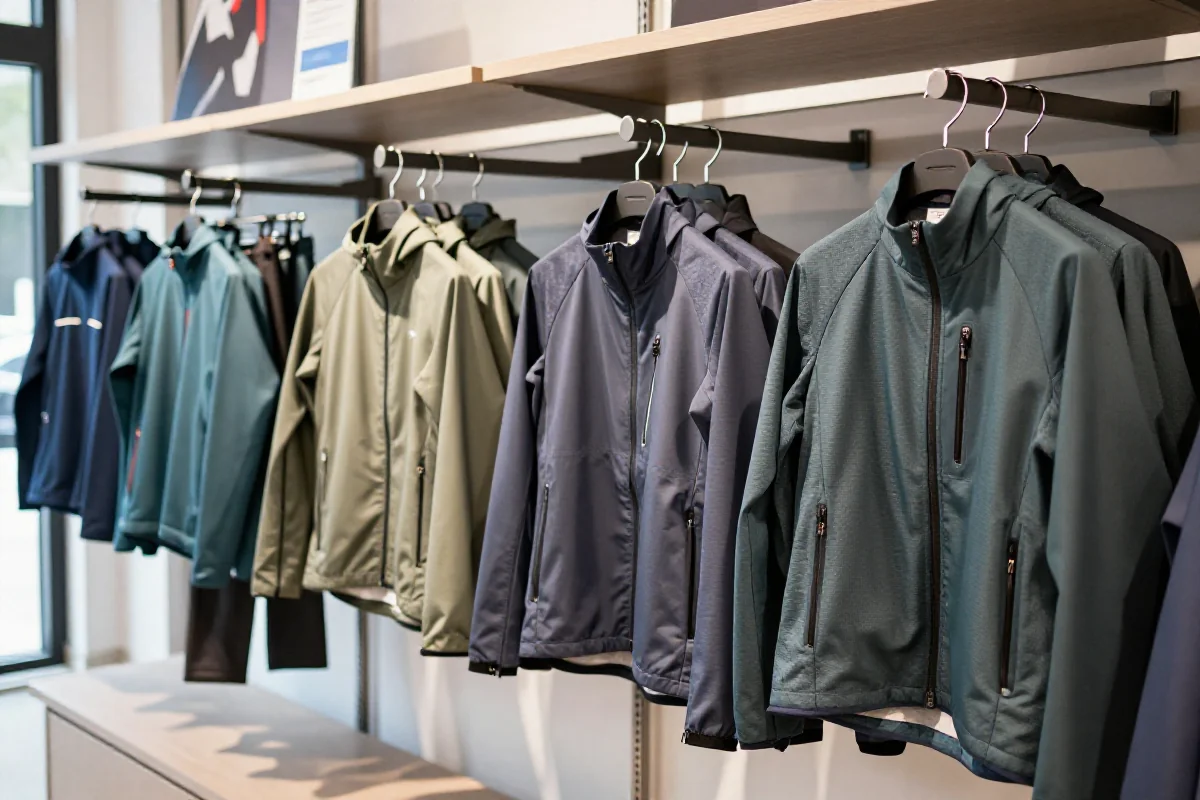Różnorodne kurtki kolarskie w sklepie sportowym, idealne na każdą pogodę.