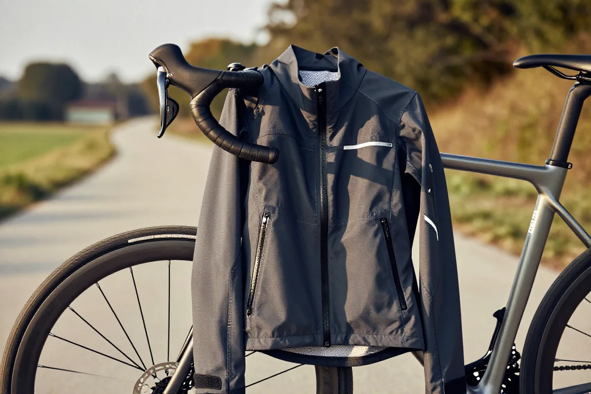 Wysokiej jakości kurtka przeciwdeszczowa na kierownicy roweru szosowego w plenerze.