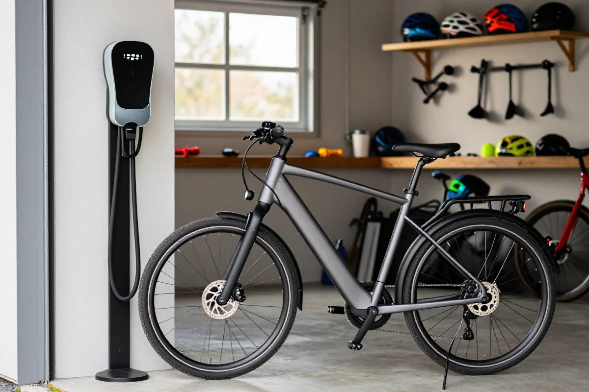 Stacja ładowania roweru elektrycznego w domowym garażu z nowoczesnym designem