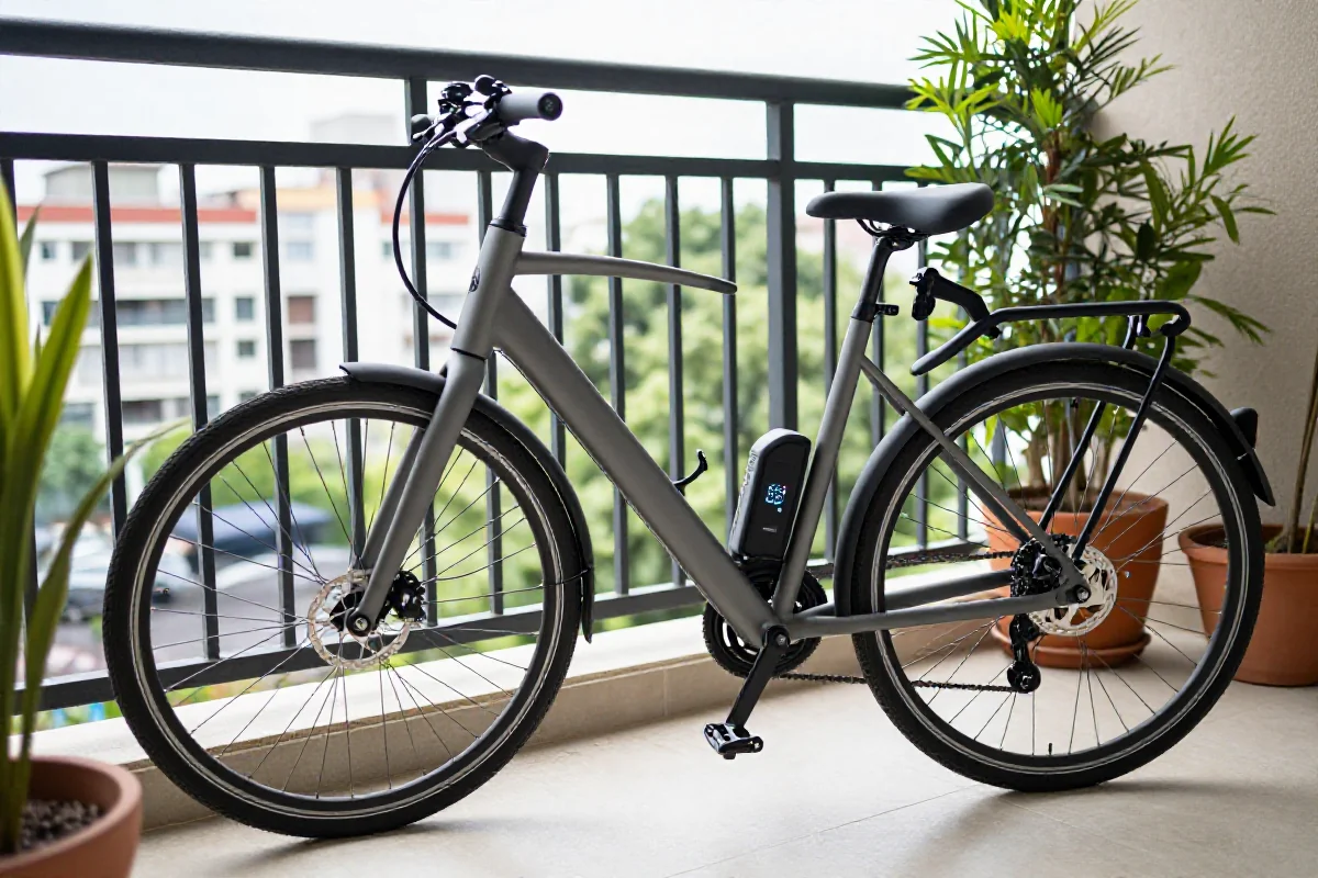 E-bike na balkonie, idealne miejsce do ładowania akumulatora.