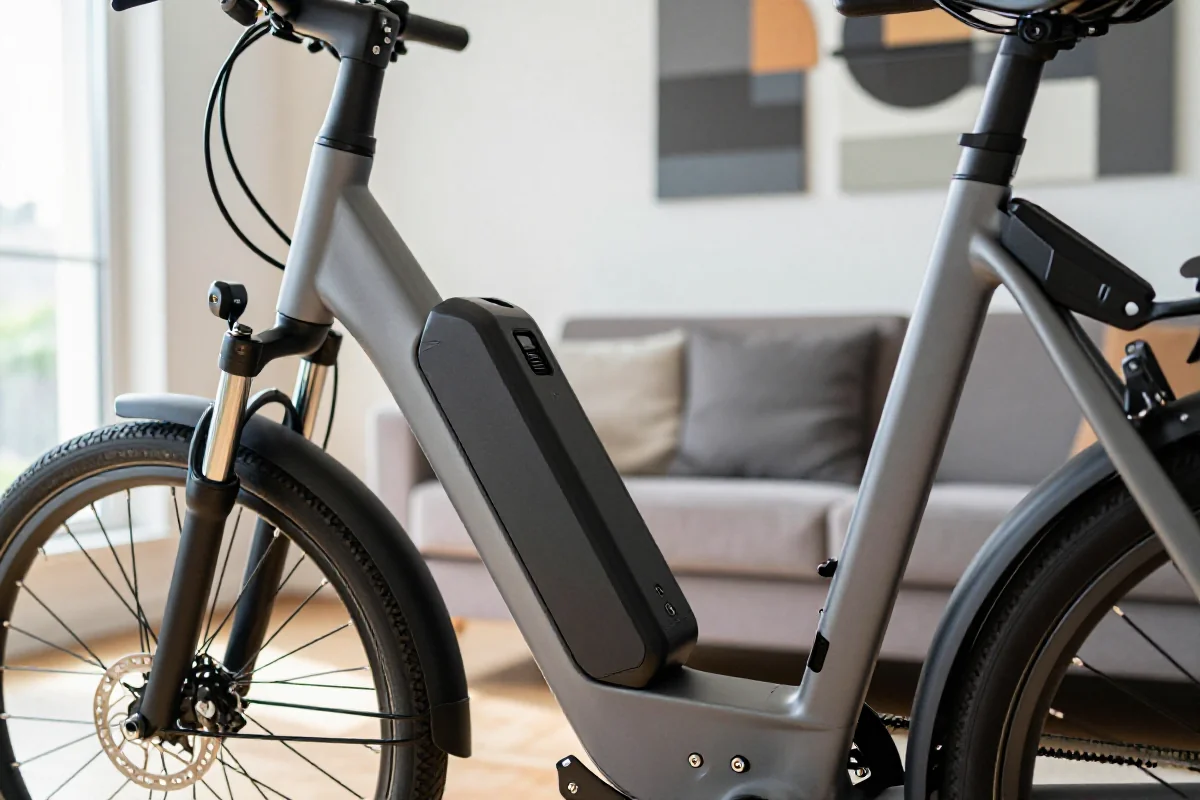 E-bike w nowoczesnym mieszkaniu, z widocznym akumulatorem i procesem ładowania.