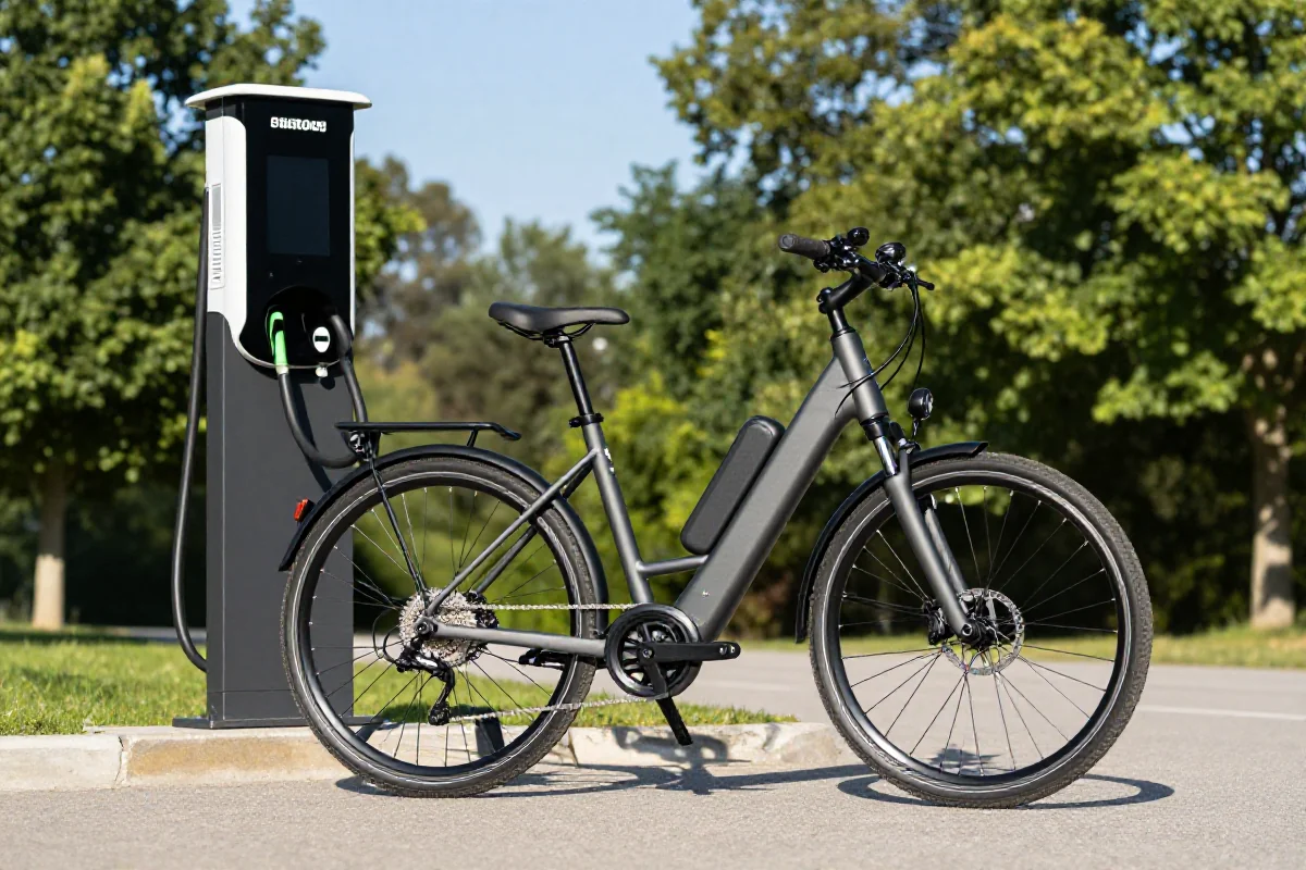 Elektromobilność: rower elektryczny przy stacji ładowania w plenerze.
