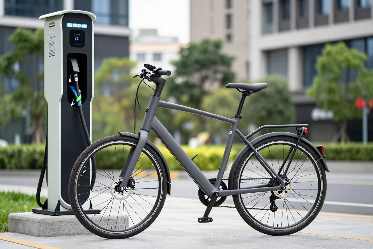 Nowoczesny rower elektryczny przy stacji ładowania w miejskim otoczeniu.