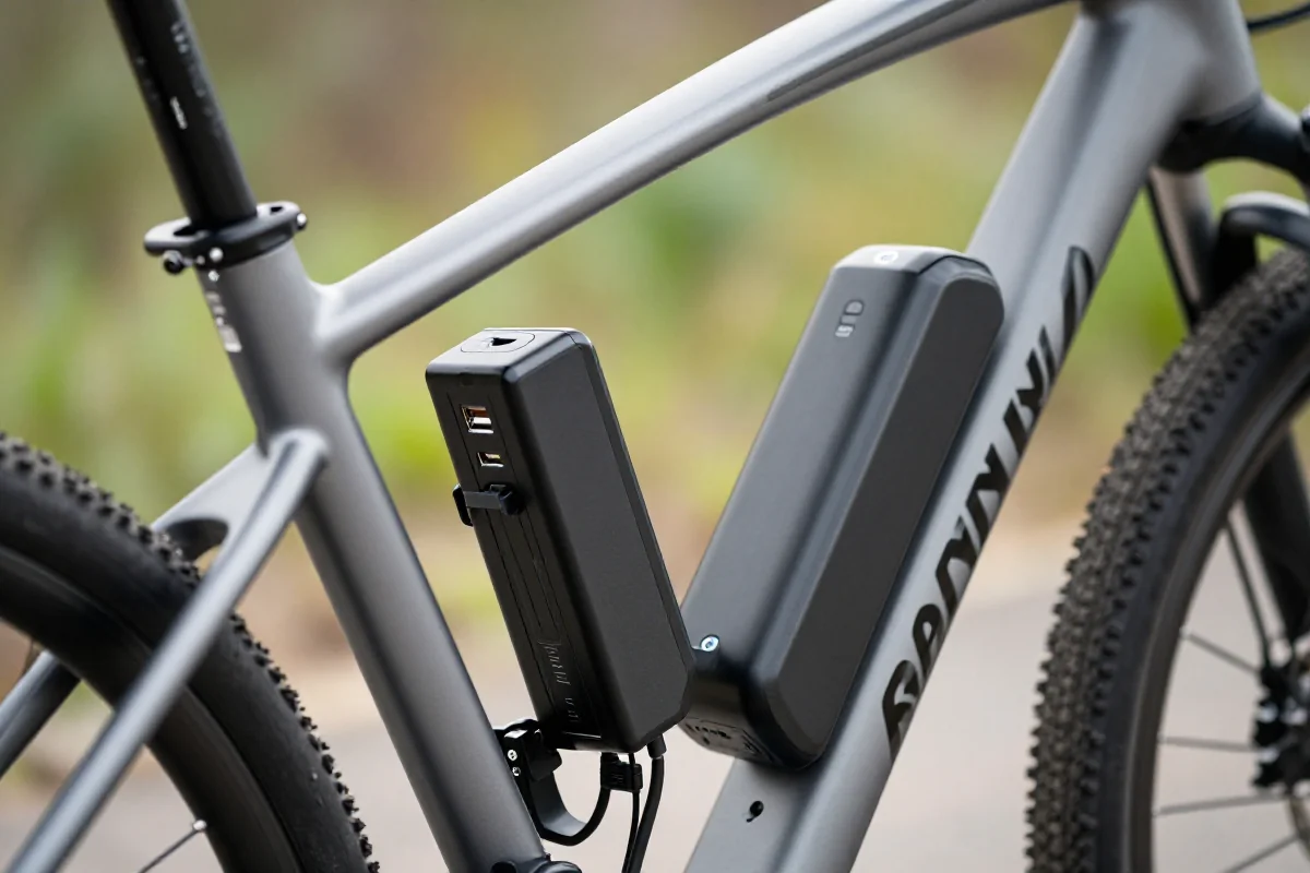 Adapter USB zasilany z baterii roweru elektrycznego w plenerze.
