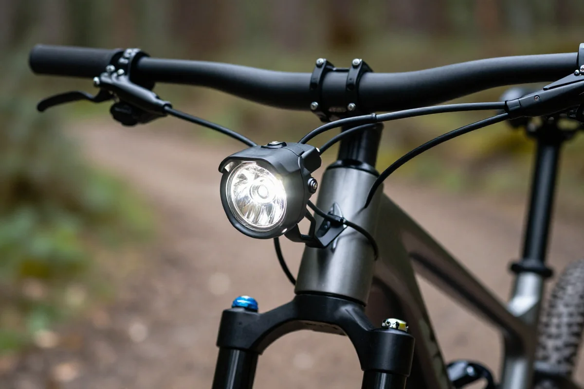 Nowoczesna lampka przednia do roweru górskiego na kierownicy w lesie.