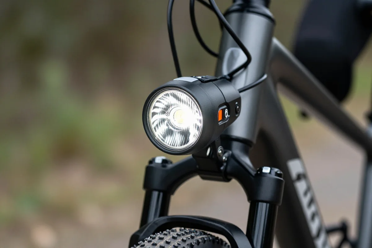 Nowoczesna lampka tylna rowerowa z trybem day flash na tle natury.