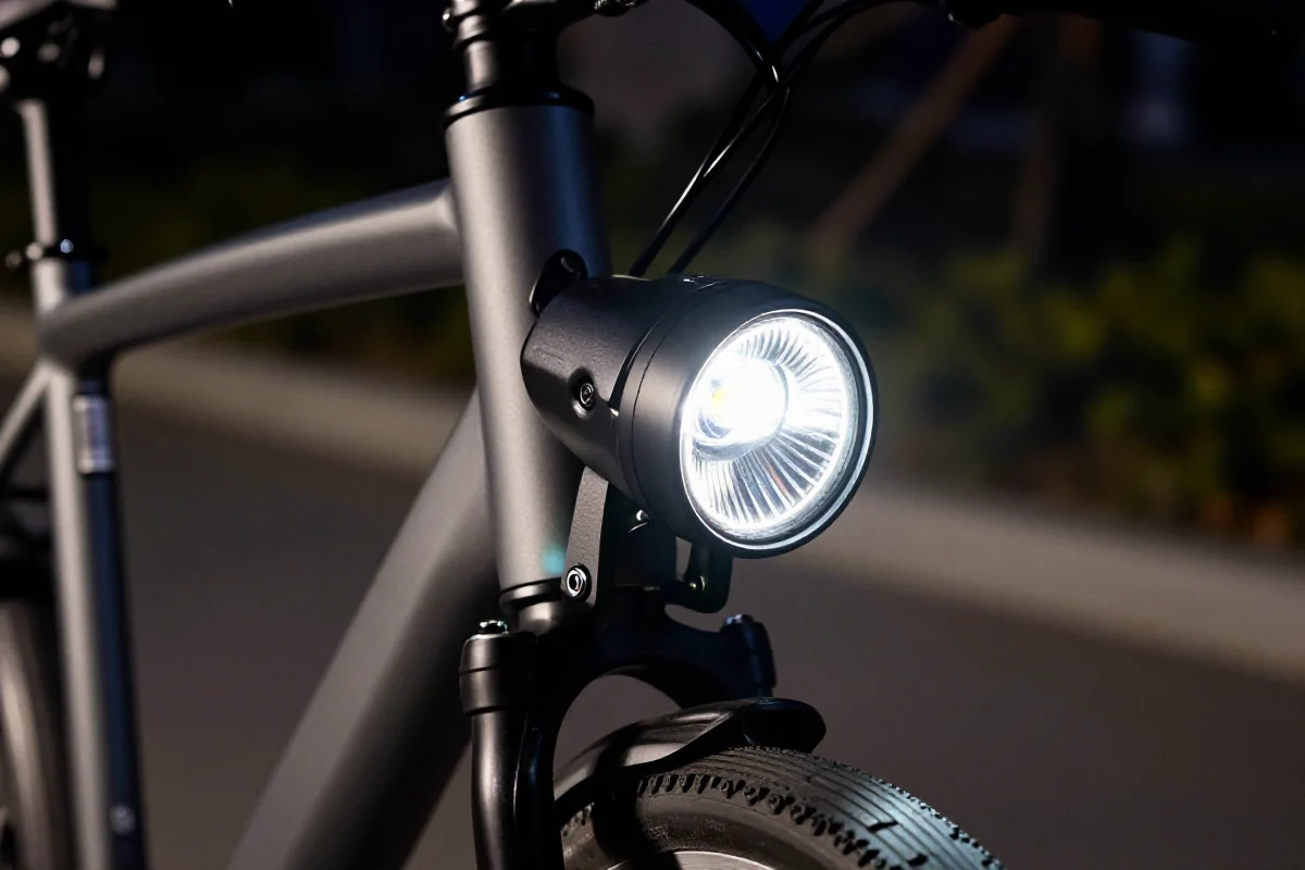 Nowoczesna lampa przednia do roweru elektrycznego, podkreślająca bezpieczeństwo jazdy.