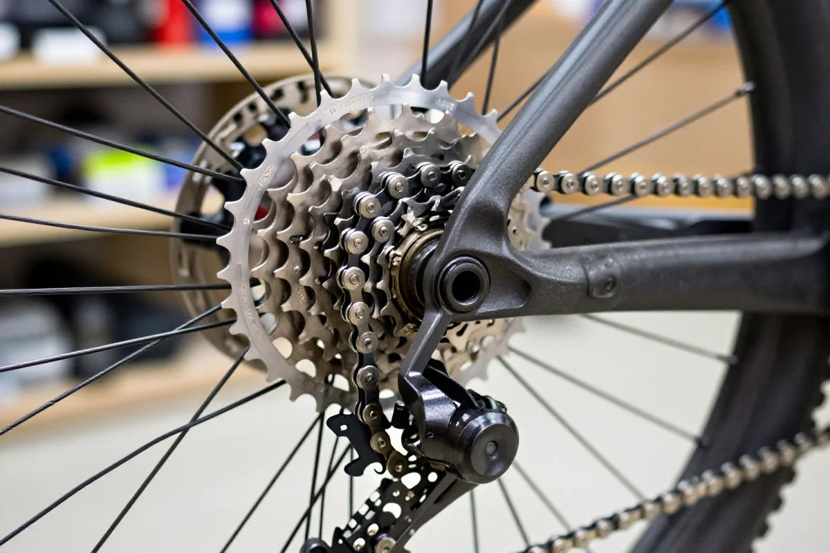 Zbliżenie na łańcuch i kasetę roweru górskiego z widocznymi oznakami zużycia.