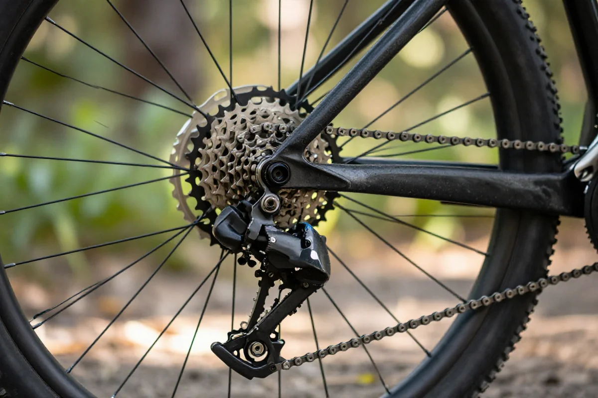 Detale napędu rowerowego górskiego z łańcuchem na zębatkach