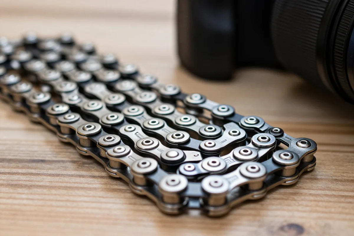 Zbliżenie na łańcuch MTB, ukazujące szczegóły i kompatybilność komponentów.