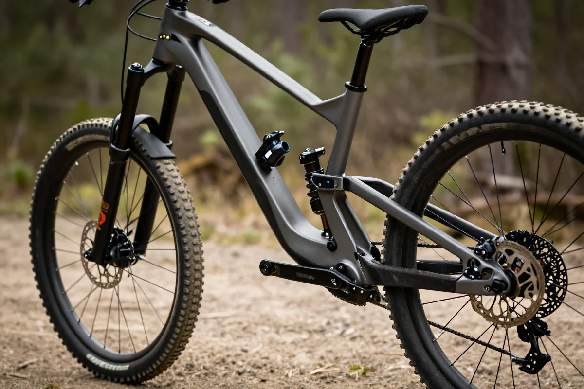 Rama roweru górskiego z zaawansowanym zawieszeniem na ścieżce leśnej