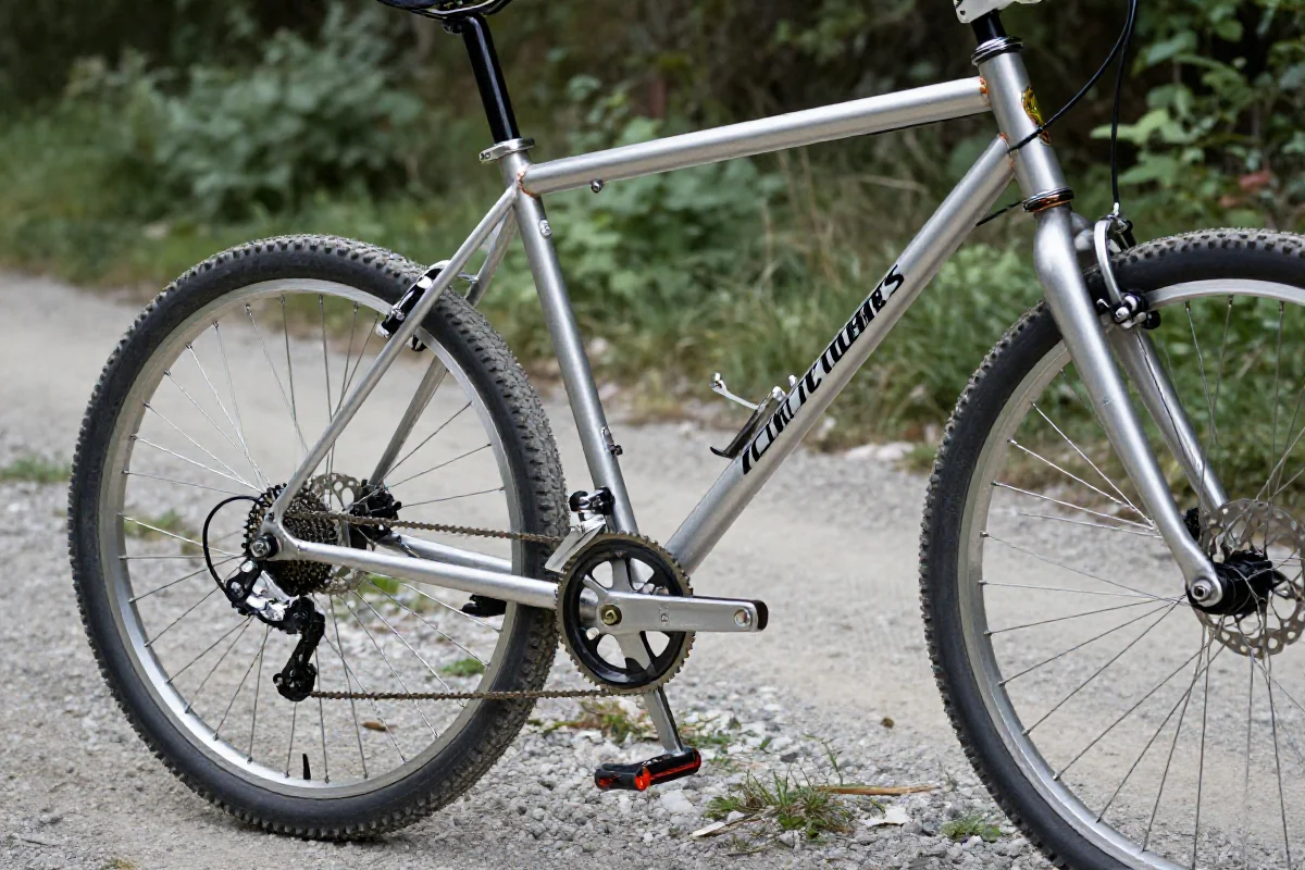 Vintage rower górski z lat 80. na szlaku, ukazujący unikalną geometrię ramy.