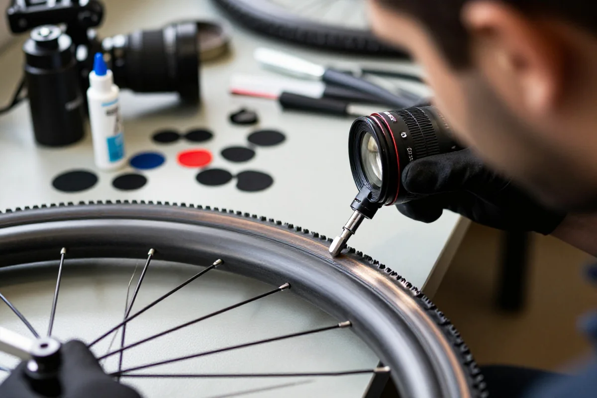 Warsztat rowerowy z naprawą opon tubeless i narzędziami do łatania.