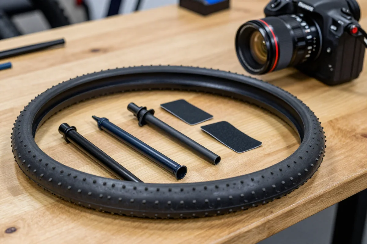 Zestaw naprawczy dętki MTB na drewnianym stole warsztatowym