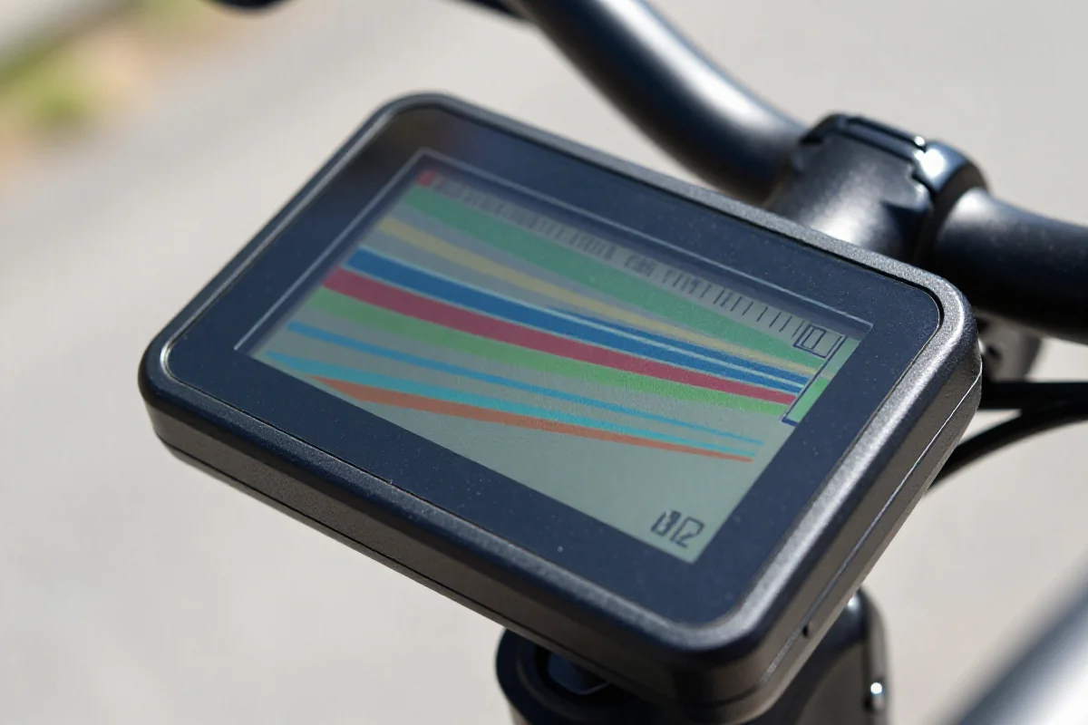 Zbliżenie na wyświetlacz LCD w rowerze elektrycznym, szczegóły technologii.