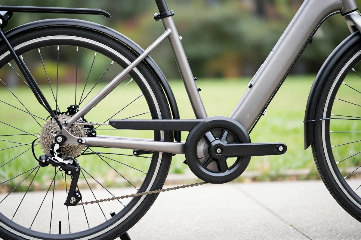Szczegółowe zdjęcie komponentów roweru elektrycznego L1e-A w parku