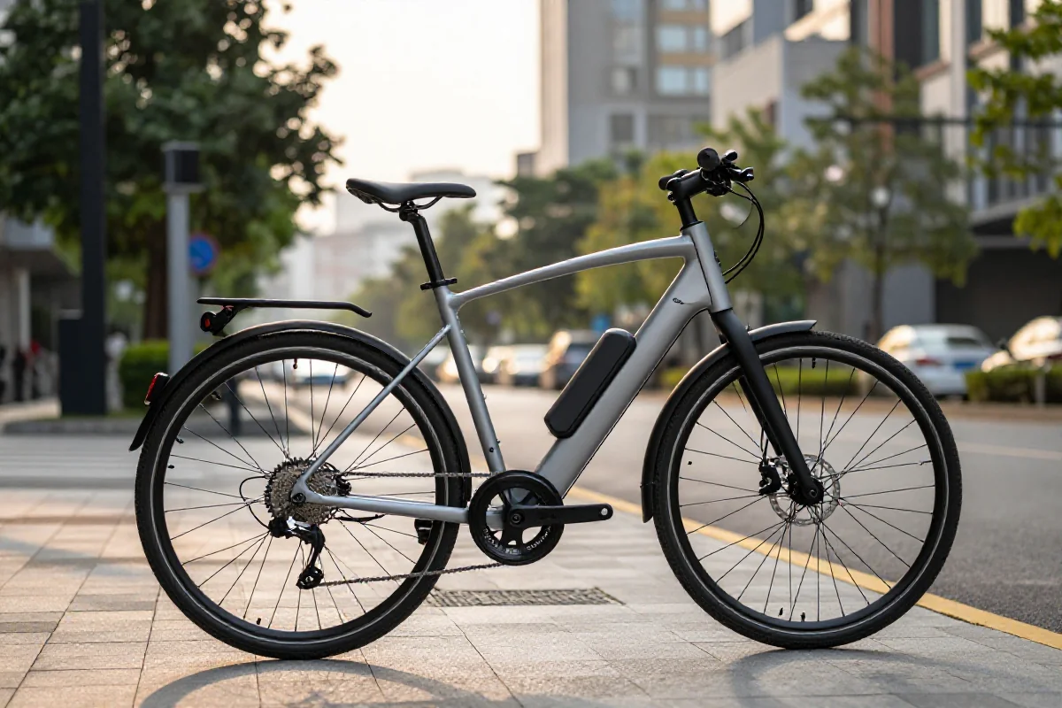 Nowoczesny rower elektryczny na miejskiej ulicy w ciepłym świetle zachodu słońca.