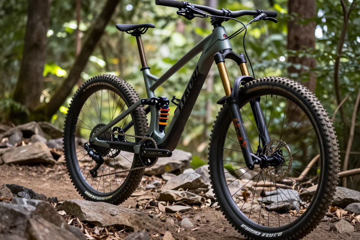 Nowoczesny rower górski na szlaku w lesie, podkreślający jego cechy techniczne.