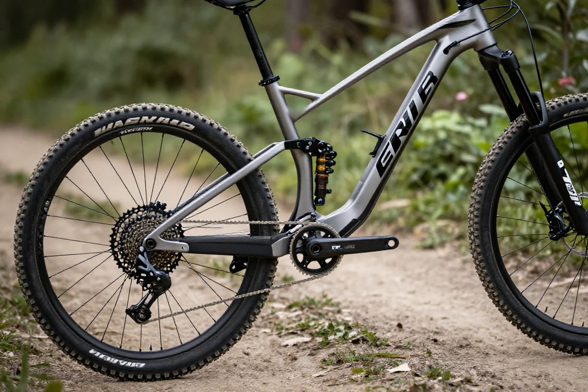 Zbliżenie na rower górski premium w naturalnym otoczeniu