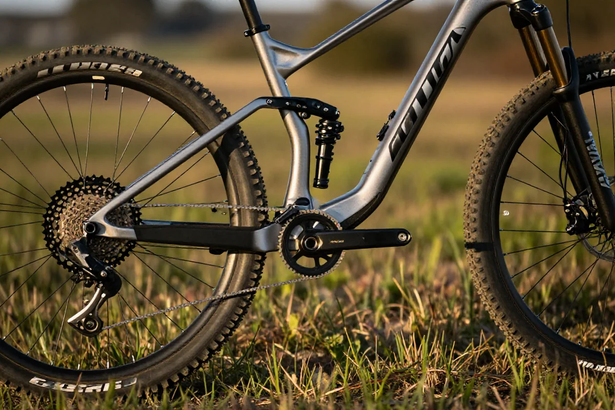 Szczegóły nowoczesnego roweru górskiego w naturalnym otoczeniu