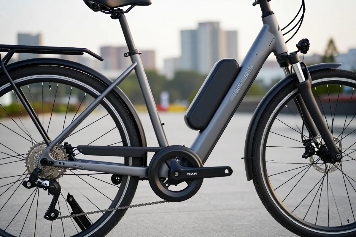 Nowoczesny rower elektryczny w miejskim otoczeniu, podkreślający jego zaawansowane technologie.